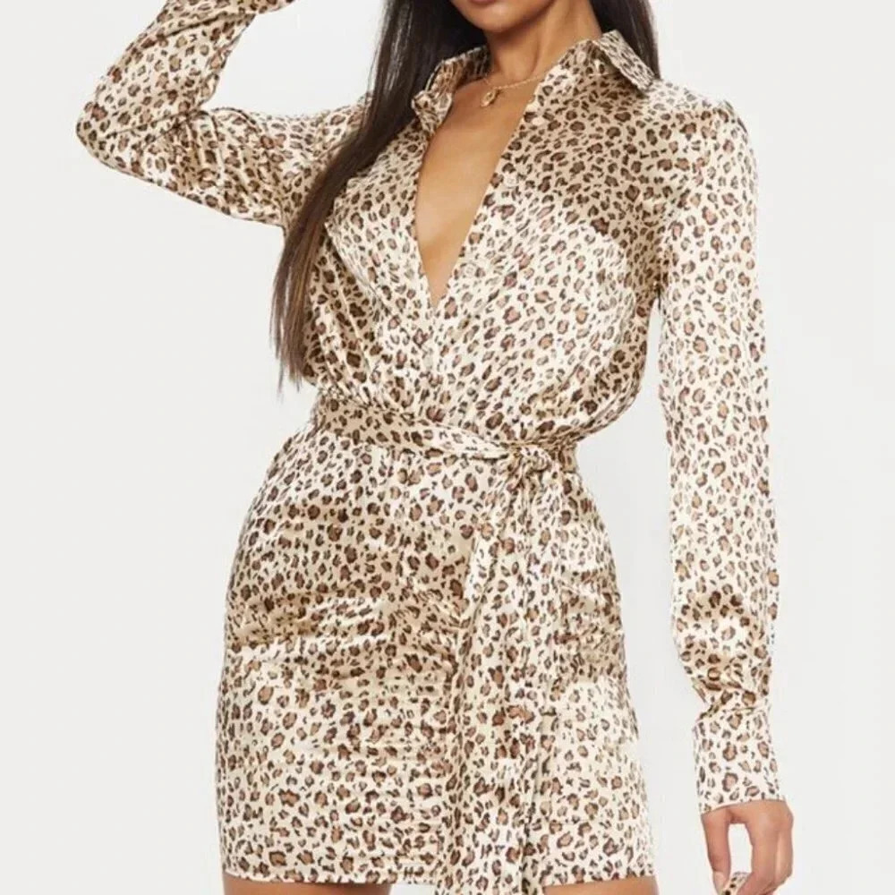 Pretty Little Thing Nude Satin Cheetah Print Dress